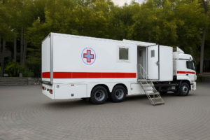 Mobile clinic vehicle using POYNTING MIMO-8 series 8x8 MIMO 5G and Wi-Fi antenna for telemedicine and remote healthcare connectivity