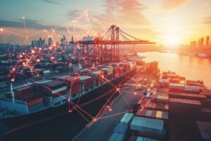 Aplicação POYNTING para portos e docas mostrando conectividade sem fio para veículos logísticos e monitoramento de infraestrutura. As imagens são usadas apenas para fins de representação visual. Estas imagens não podem ser baixadas, copiadas ou usadas de nenhuma forma sem permissão prévia.